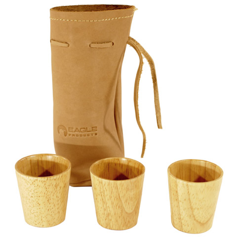 EAGLE products 3 wooden schnapps cups in a leather case