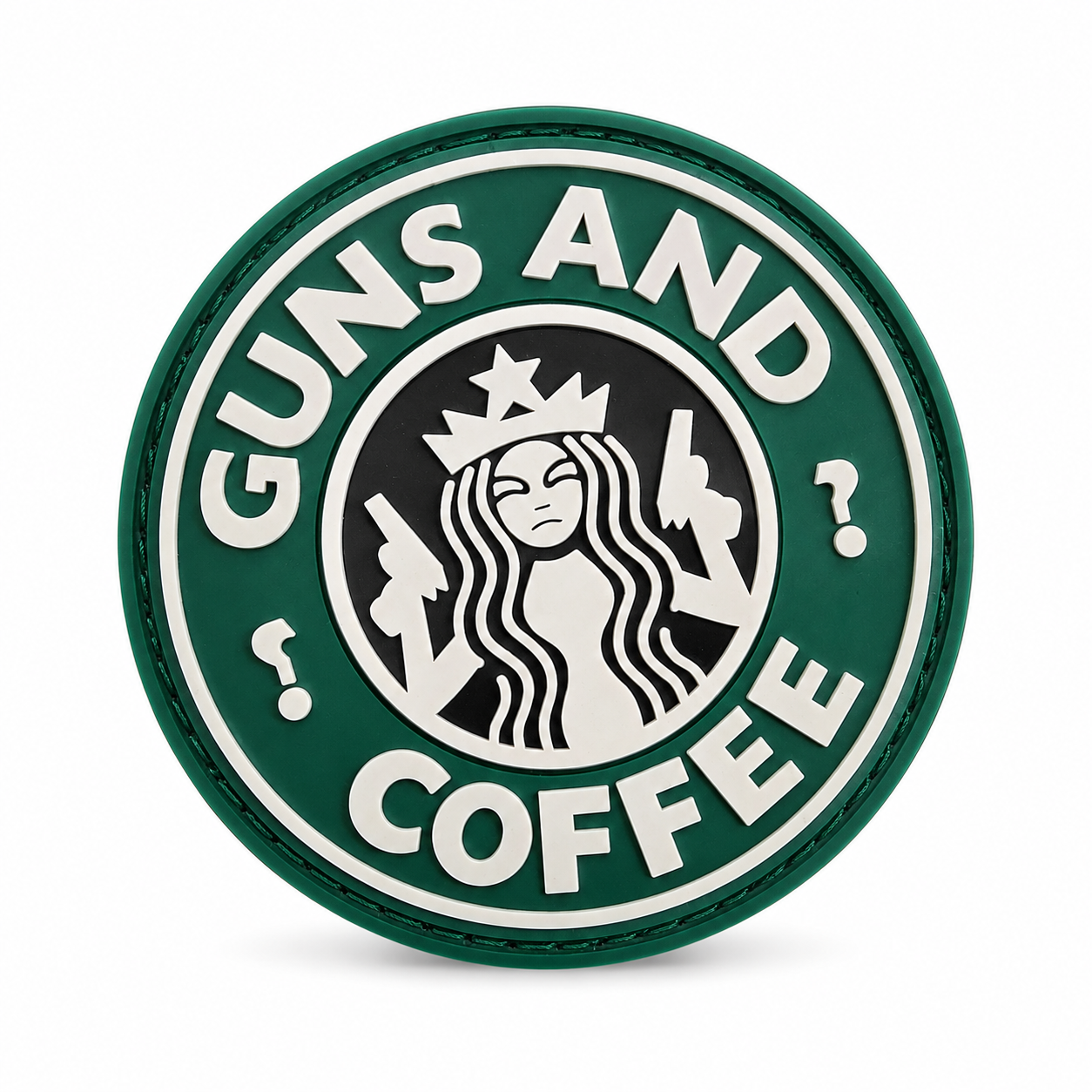 Guns and Coffee Patch - groen 3D rubber/PVC morale patch met velcro